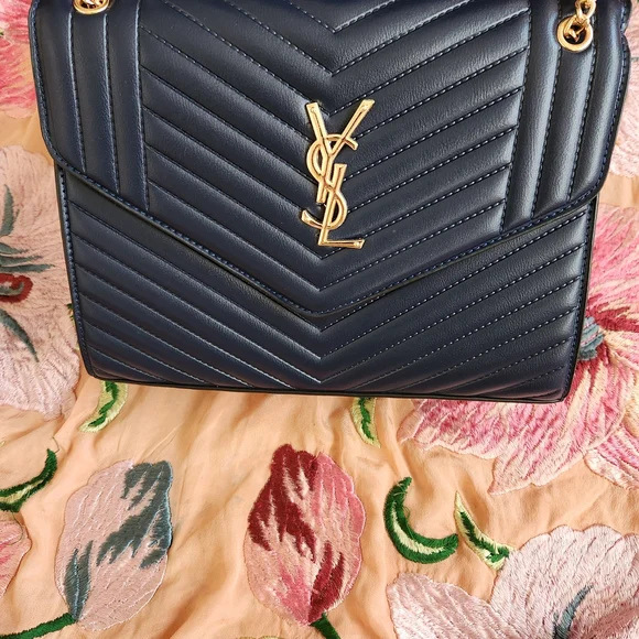 NEW Yves Saint Laurent Dark Blue Chevron Shoulder Bag - Picture 2 of 4